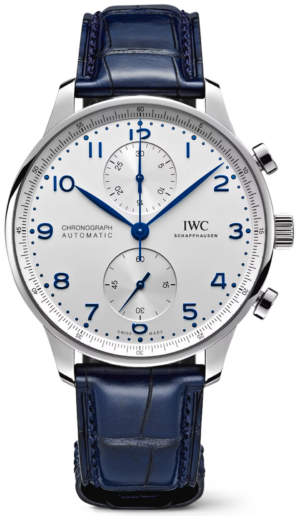 IWC Portugieser Chronograph 41mm Silver on blue leather