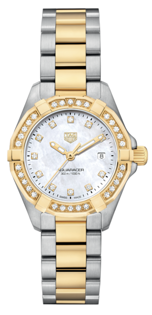 L’oro Canada | Luxury Watches &Amp; Jewellery 77 Tag Heuer Aquaracer Date Quartz Yellow Gold &Amp; Steel White Mop 27Mm